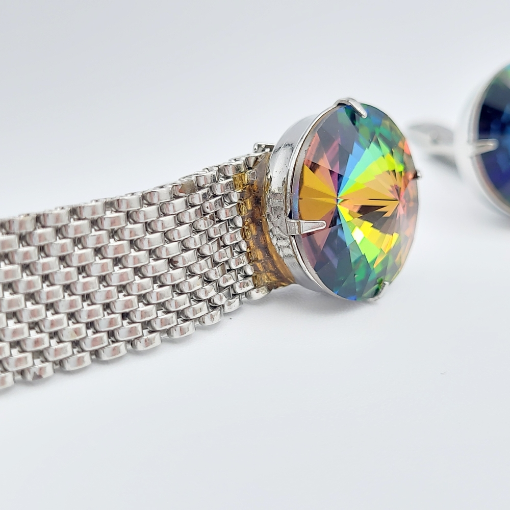 Vintage Rainbow Rivoli Crystal Silver Tone Mesh Cufflinks - Picture 4 of 12